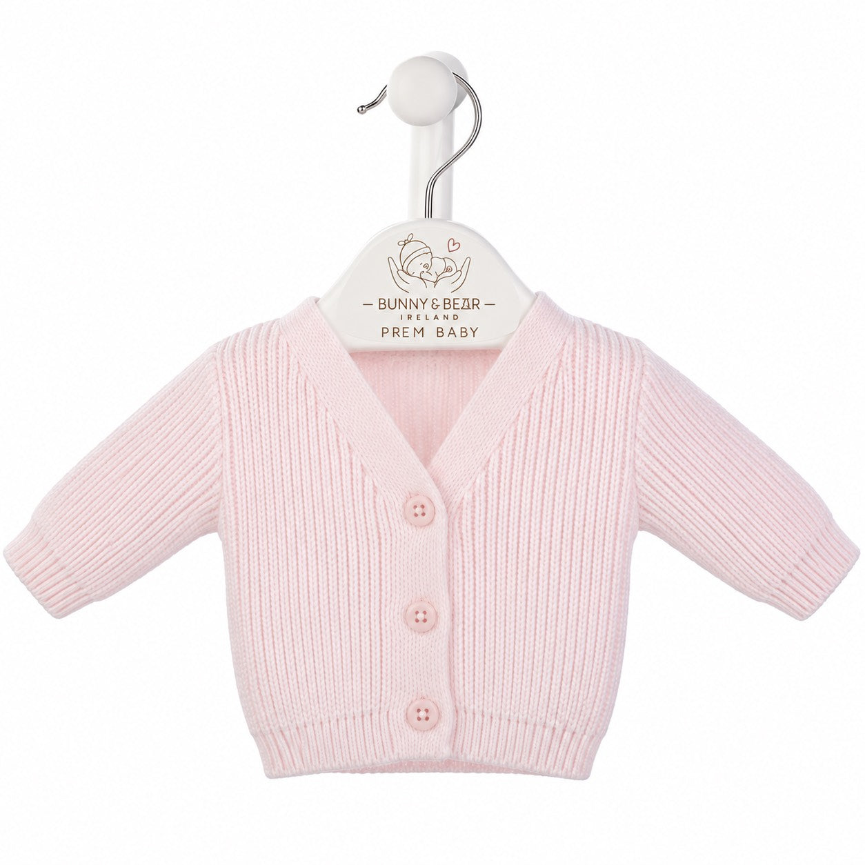 A light pink ribbed knit baby cardigan sweater with three buttons, displayed on a white hanger with the brand name 'Bunny's Bear - Prem Baby' printed on it, against a plain white background.